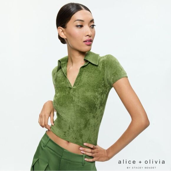 Alice + Olivia **NWT** Martha Crop Terry Cloth Polo Shirt Avocado Green - Picture 1 of 8